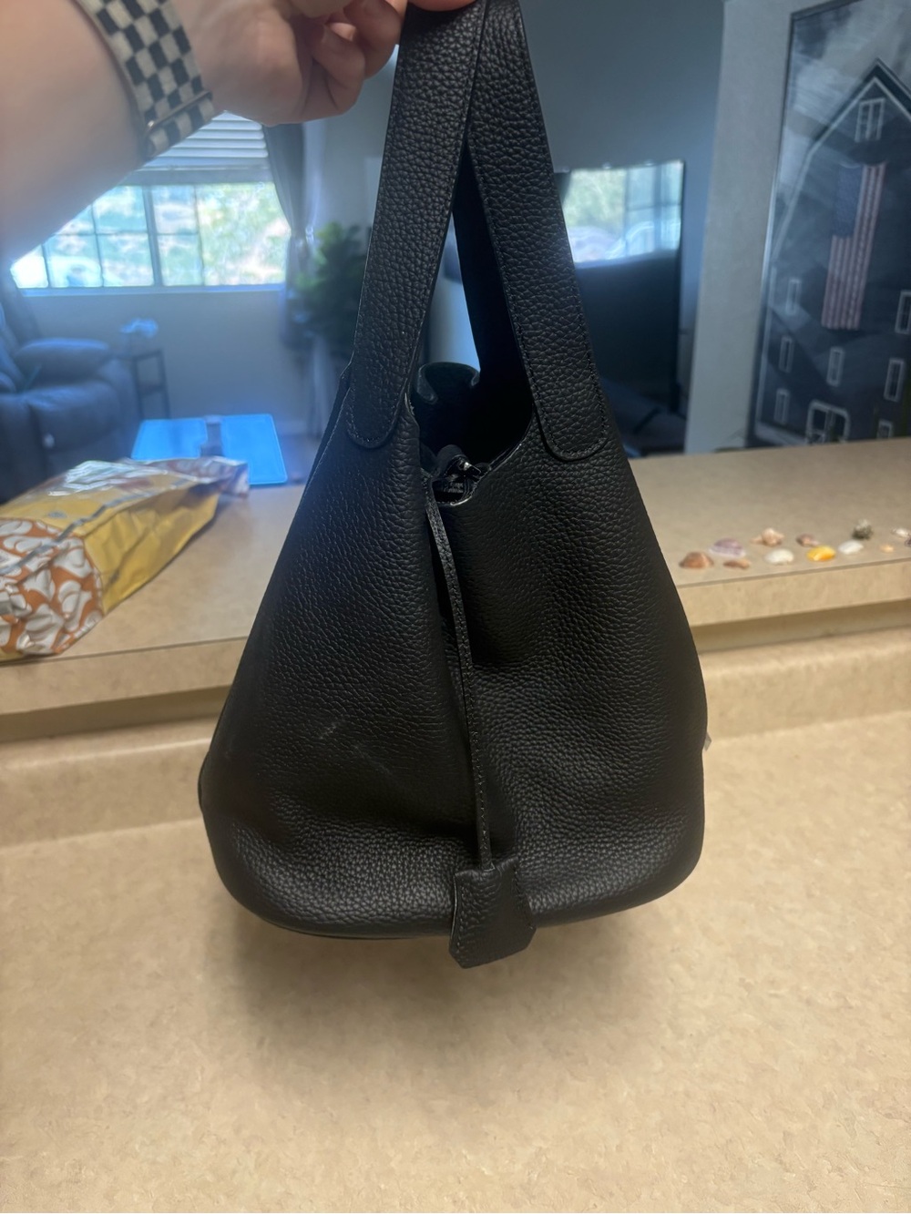 Black Pebbled Leather Hobo Bag with lock- Shoulder Tote